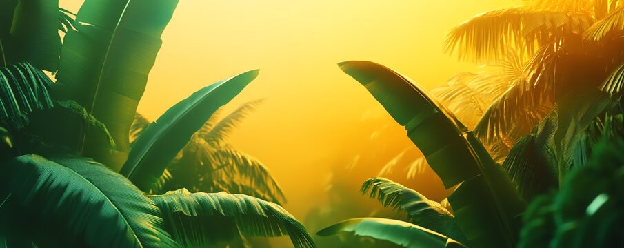 Palmiers et bananiers au coucher du soleil tropical.