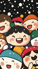 Fototapeta premium Joyful cartoon characters celebrating winter in colorful beanies