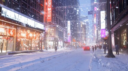 Festive Winter Wonderland Cityscape with Cheerful Shoppers and Decorated Store Windows in Ultra-Detailed Capture