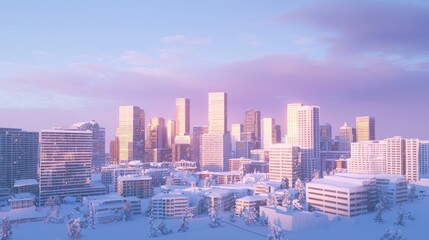 Fototapeta premium Twilight Snowy Skyline: Glowing Sunlight on Urban Winter Scene with Snowflakes - Detailed Cityscape at Dusk
