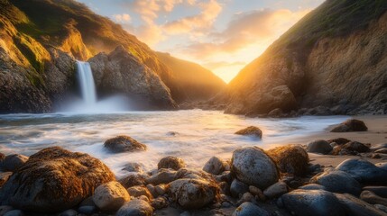 Obraz premium Serene Sunset Over Waterfall and Rocky Shoreline