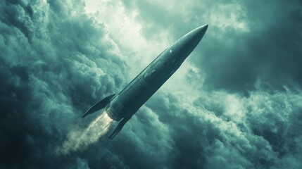 Fototapeta premium Powerful missile with aerodynamic shape and visible warhead, showcasing advanced weaponry, on a stormy sky background