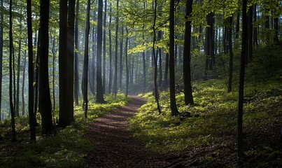 Fototapeta premium Sunbeams breaking through the canopy of trees in a dense forest, creating a magical atmosphere.