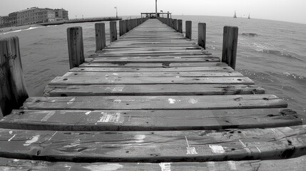 Obraz premium Long wooden pier stretching into the calm, vast ocean with distant sailboats on the horizon, set against a serene and overcast sky in a peaceful coastal setting