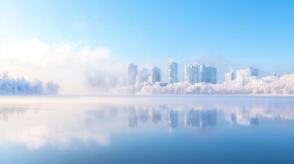Serene Winter Cityscape: Snowy Skyline Reflecting in Lake with Soft Light and Foggy Atmosphere