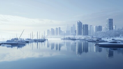 Naklejka premium Serene Winter Scene: Snowy Waterfront with Boats in Icy Harbor Reflecting City Skyline | Ultra-Detailed Tranquil Cityscape