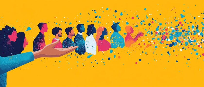 Dynamic illustration of a hand holding a magnet, pulling in a diverse group of potential team members, representing the concept of recruitment