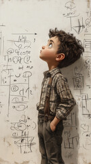 Fototapeta premium A boy stood looking at a white board with messy lines.