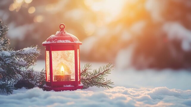 Christmas background with red lantern and fir tree branch. .Winter Holidays Scene. New Year greeting card.