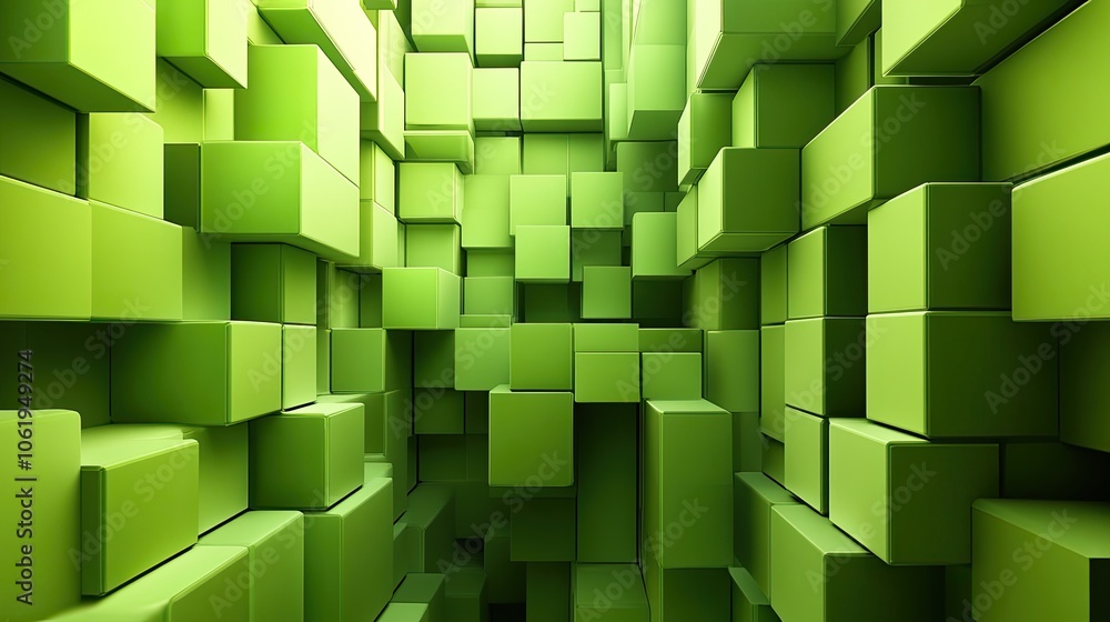 Fototapete bright green monochrome 3d cubes forming a fresh, modern backdrop with space for text or product dis