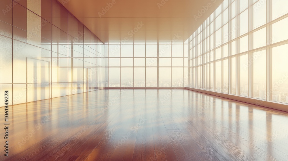 Poster modern empty room with large windows and city view