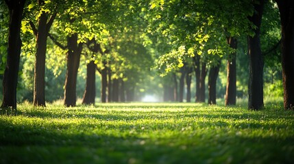 A pathway through a lush green forest with sunlight filtering through the trees.