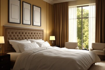 Fototapeta premium Luxurious Hotel Bedroom Interior Design with Large Window and Natural Light