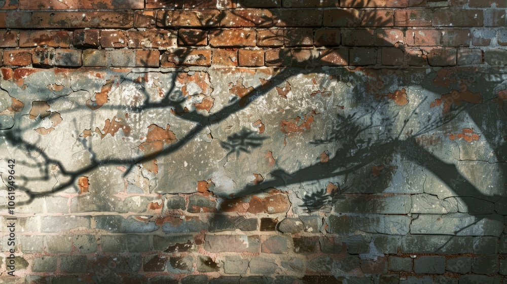 Poster a weathered brick wall with a shadowy tree branch cast upon it, creating an abstract design.