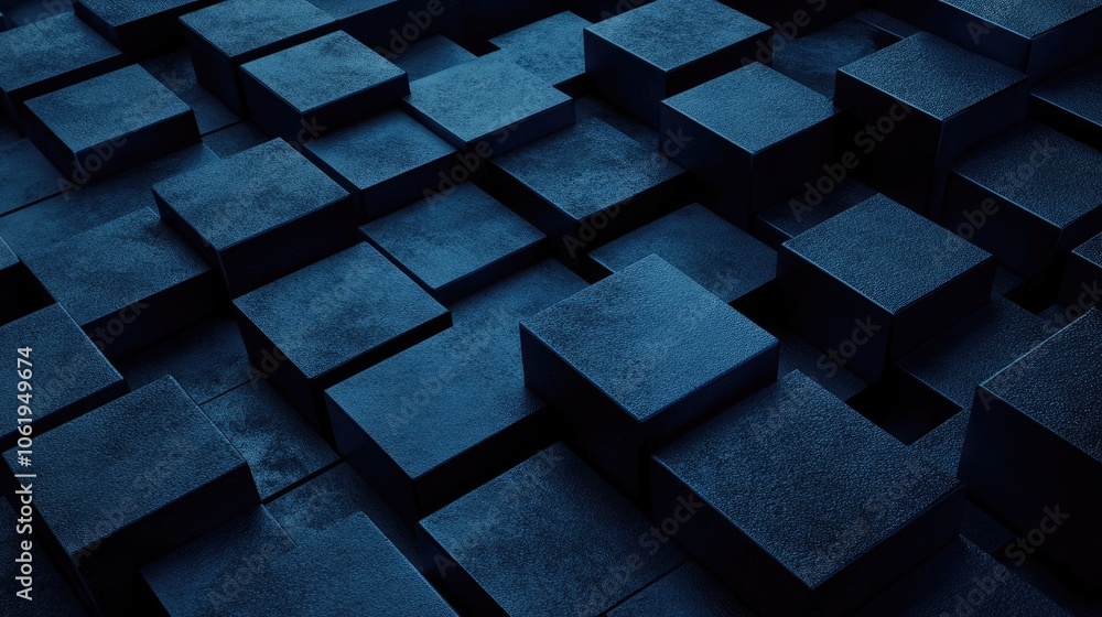 Fototapete dark blue 3d cubes offering a minimalist yet textured background, with space in the middle for text 