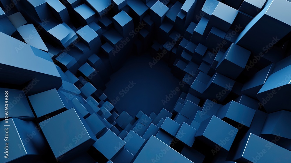 Fototapete deep blue monochrome 3d cubes forming a striking backdrop with an empty center, perfect for product 