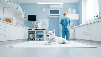 A white dog is laying on a white mat in a veterinary clinic