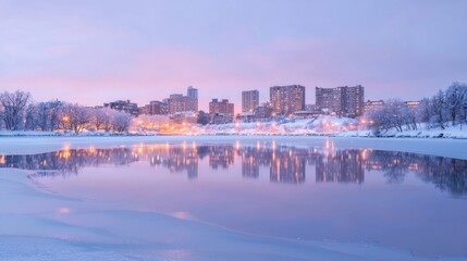 Naklejka premium Tranquil Winter Cityscape Reflected in Frozen Pond with Soft Illumination - Ultra-Detailed Urban Scene