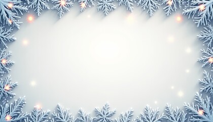 Decorative Winter Border with Snow-Covered Christmas Branches and Lights - Copy Blank Space for Text
