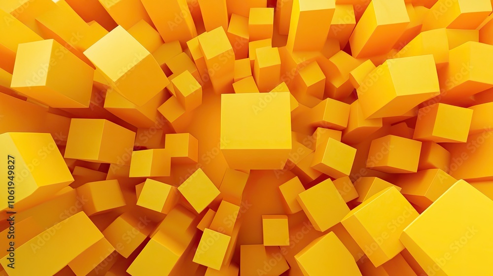 Fototapete dynamic yellow monochrome cubes in a 3d pattern, leaving space for product or text display in the ce