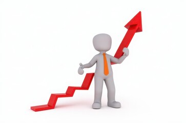 3d man red arrow success chart on white background.