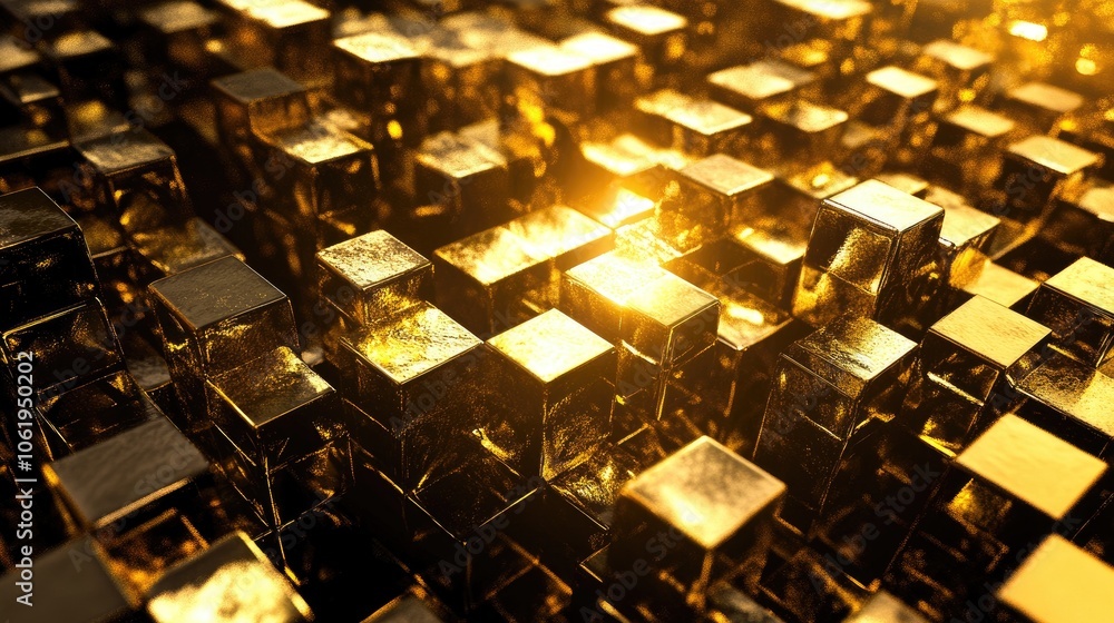 Fototapete gleaming gold monochrome 3d cubes with a dynamic pattern, leaving room for text or product showcases
