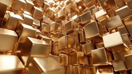 Fototapeta premium Gleaming gold monochrome 3D cubes with a dynamic pattern, leaving room for text or product showcases in the center.