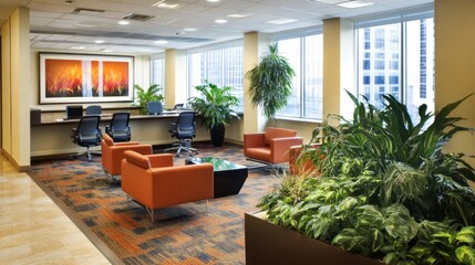 Modern Office Interior with Plants and Seating Area