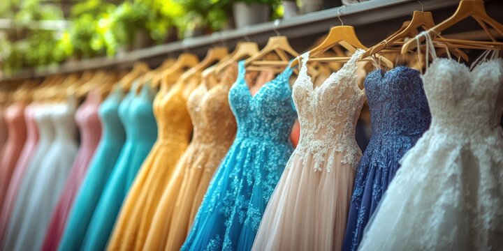 A vibrant and elegant display of colorful dresses on wooden hangers in a stylish boutique, showcasing various designs in a bright and inviting shop