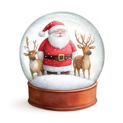 A festive snow globe featuring Santa Claus in a red suit flanked by two deer, surrounded by falling snowflakes.