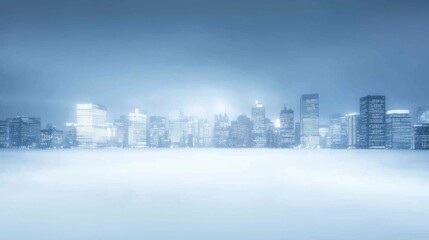 Obraz premium Sparkling Night: Enchanting Snowy Cityscape with Illuminated Skyscrapers casting a contrast of Lights on White Winter Landscape.