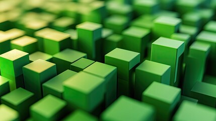 Vibrant green monochrome cubes in a 3D arrangement, providing a dynamic background with a clear area for branding or products.