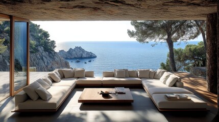 Fototapeta premium Modern Coastal Living Room with Scenic Ocean View