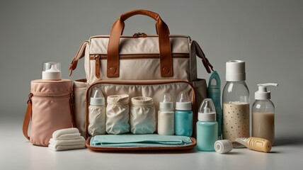 Stylish composition of diaper bag with bottles, fabrics and accessories on light background