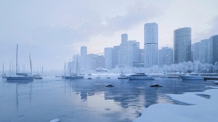 Fototapeta premium Tranquil Winter Scene: Snowy Waterfront with Boats in Icy Harbor Reflecting City Skyline | Ultra-Detailed Winter Cityscape Photography