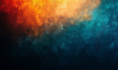 Obraz premium Dark blue green orange glowing grainy gradient background, noise texture effect, wide banner size, copy space, Generative AI