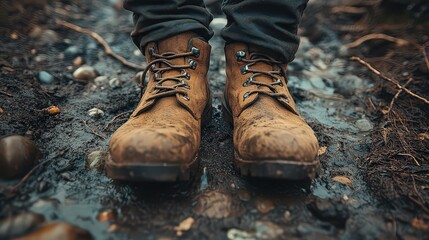  Mud-covered hiking boots on wet, rugged trail, highlighting perseverance and adventurous spirit in challenging outdoor terrain.