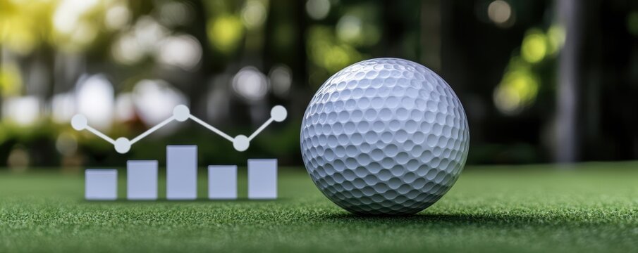 Golf ball on green turf with performance analytics graph.