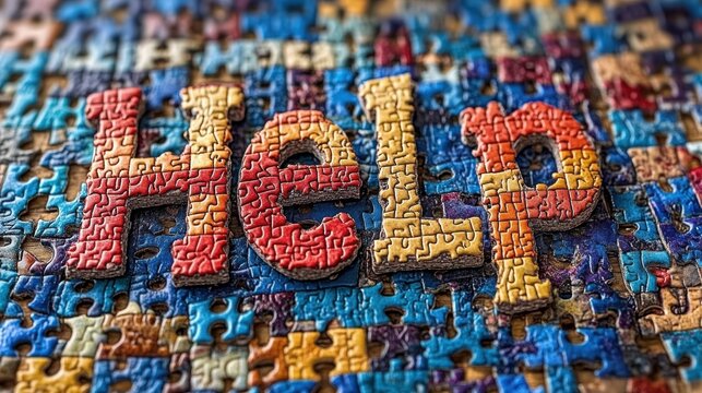An intricate and colorful jigsaw puzzle spelling the word 'HELP', symbolizing a request for assistance or support amidst a complex and interconnected background