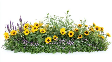 Small flower garden featuring daisies and sunflowers on white background