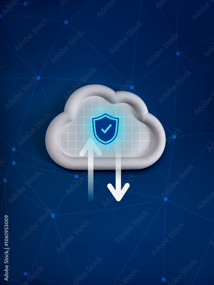 Poster cloud computing infrastructure technology, data system storage service concept. safety shield icon, 