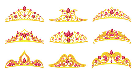 Princess crowns tiara icon set. Beautiful golden jewels with precious stones. Precious head accessory. Headdress in flat design isolated on white background