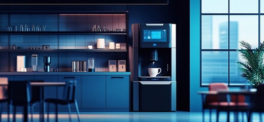 Modern office kitchen with a coffee machine making a cup of coffee.