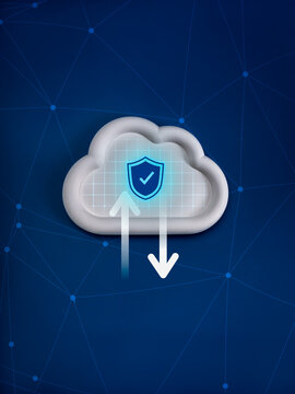Cloud computing infrastructure technology, data system storage service concept. Safety shield icon, upload and download arrows sign on white cloud with network polygon, blue background, minimal style.