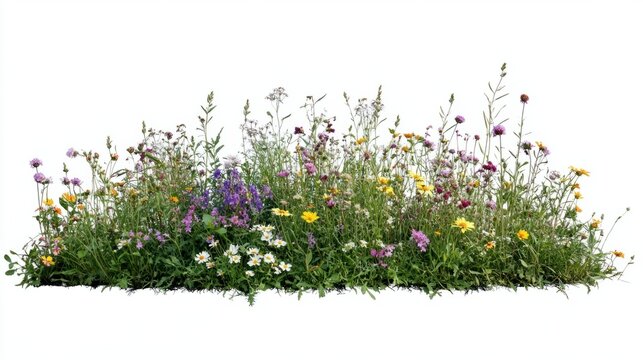 Small patch of blooming wildflowers in a garden isolated on white background