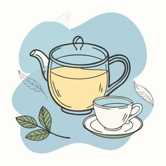 Teapot and Teacup Illustration with Leaves