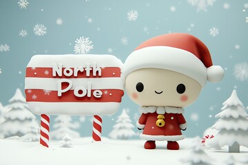 Whimsical christmas character at the north pole with snowflakes