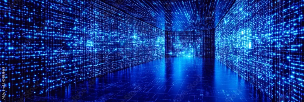 Aufkleber illuminated tech grid - abstract digital matrix with vibrant neon blue lines and dynamic lights, fut