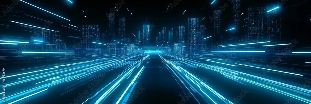 Poster glowing digital matrix - futuristic tech background with neon blue lines and dynamic lights