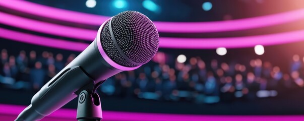 Microphone on stage with audience blurred in the background, vibrant lighting.